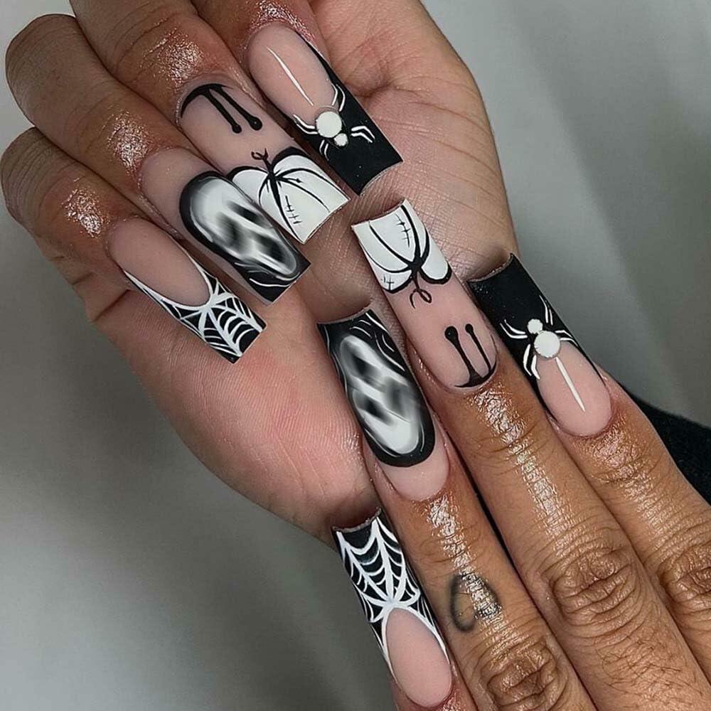 HPYFOI Uñas postizas de Halloween, forma de ataúd largo, diseño de Ghostface en blanco y negro, 24 piezas