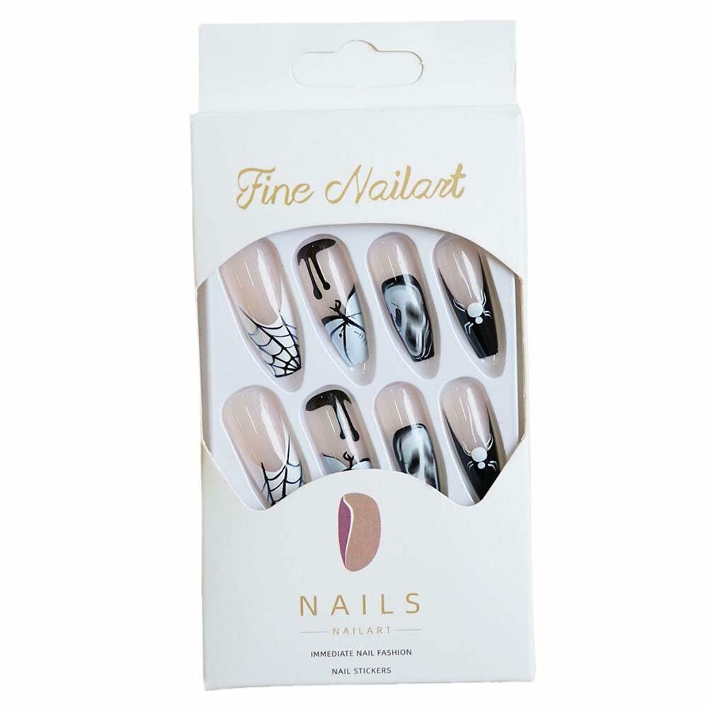 HPYFOI Uñas postizas de Halloween, forma de ataúd largo, diseño de Ghostface en blanco y negro, 24 piezas
