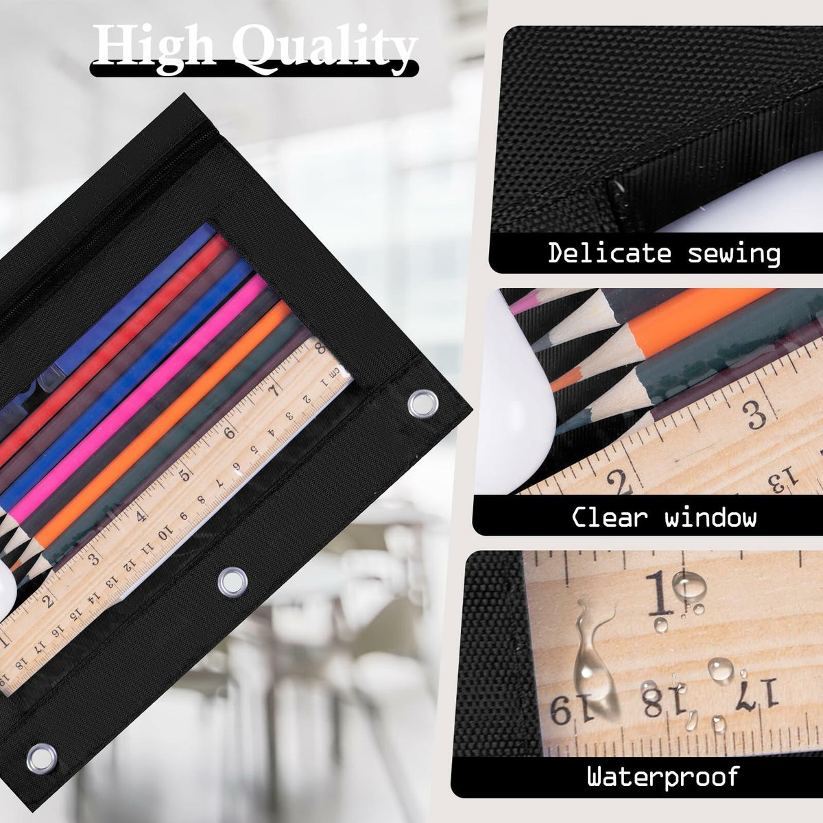Estuche para lápices con cremallera para carpeta de 3 anillos, paquete de 50, ventana transparente, negro, LaOficina