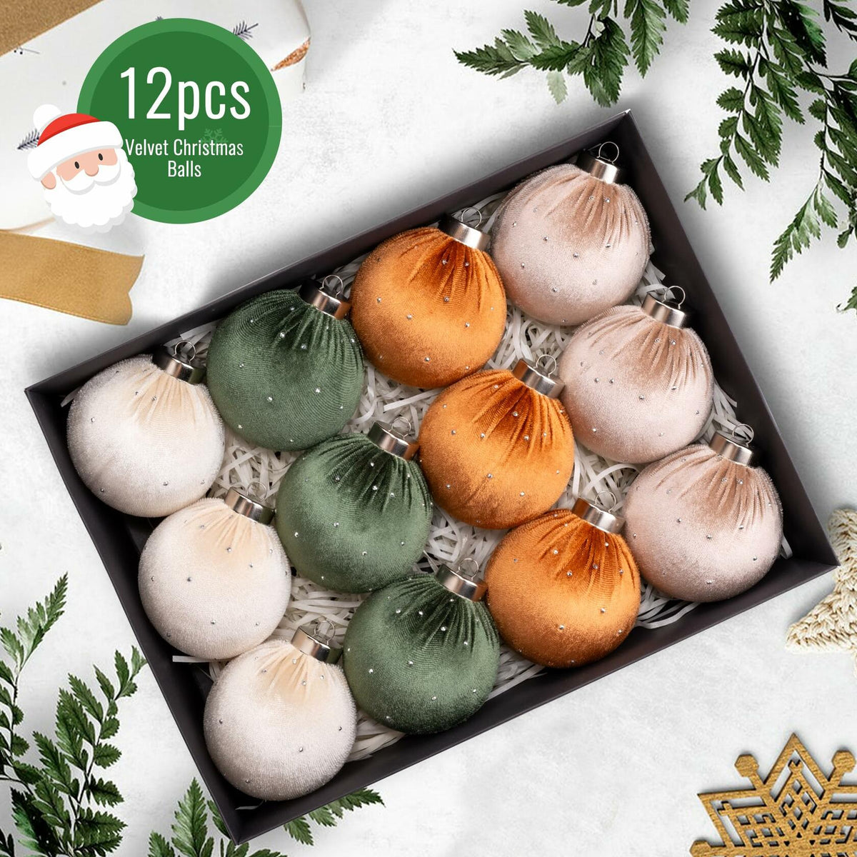 Juego de 12 adornos navideños de terciopelo Meschett, 78 mm, verde, marrón, neutro