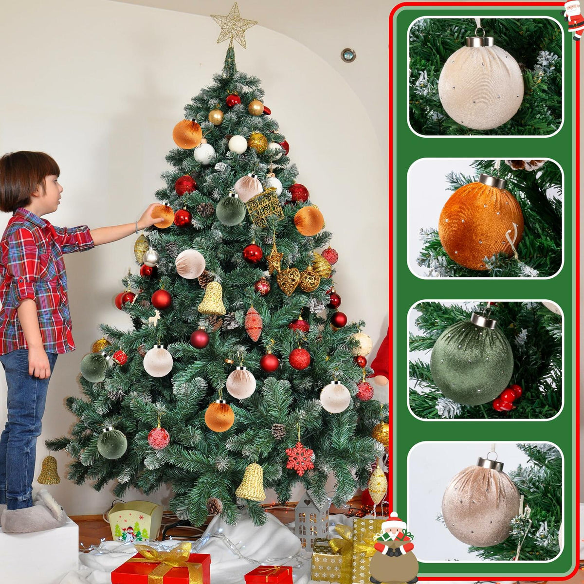 Juego de 12 adornos navideños de terciopelo Meschett, 78 mm, verde, marrón, neutro