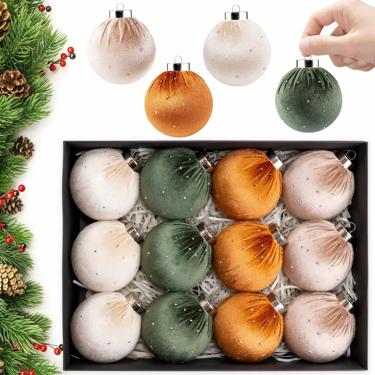 Juego de 12 adornos navideños de terciopelo Meschett, 78 mm, verde, marrón, neutro