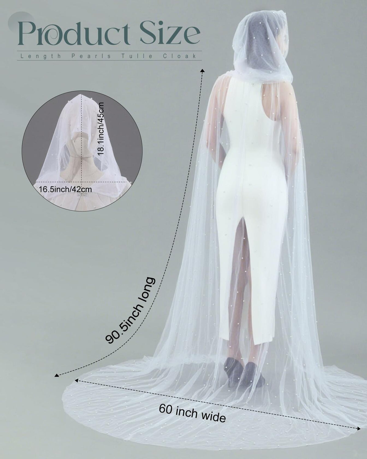 Capa de tul con perlas y capucha para mujer Geyoga, capa de elfo transparente, color blanco