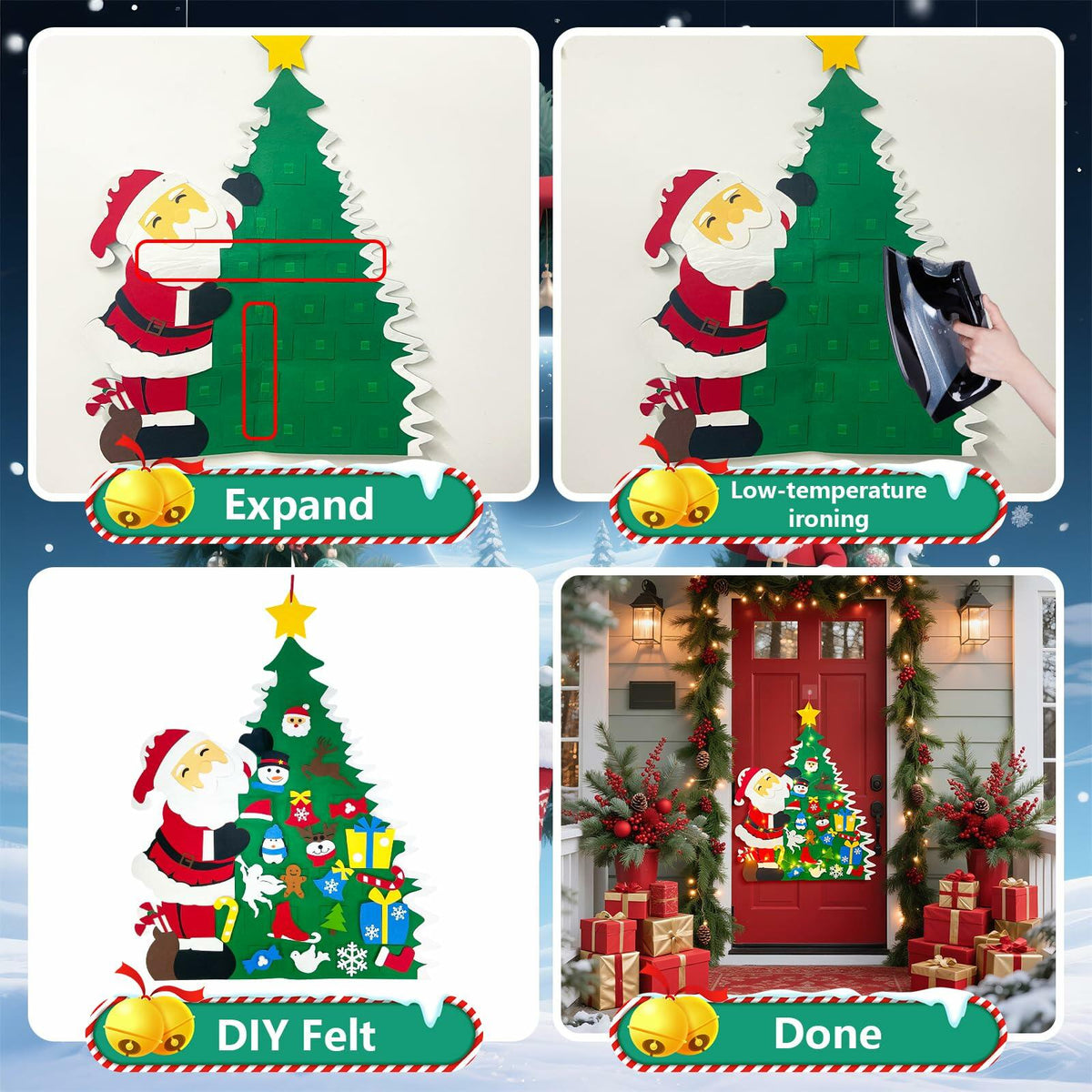 Set de árbol de Navidad de fieltro para manualidades JUN-ELECTRON, 3.2 pies, verde, con adornos y luces