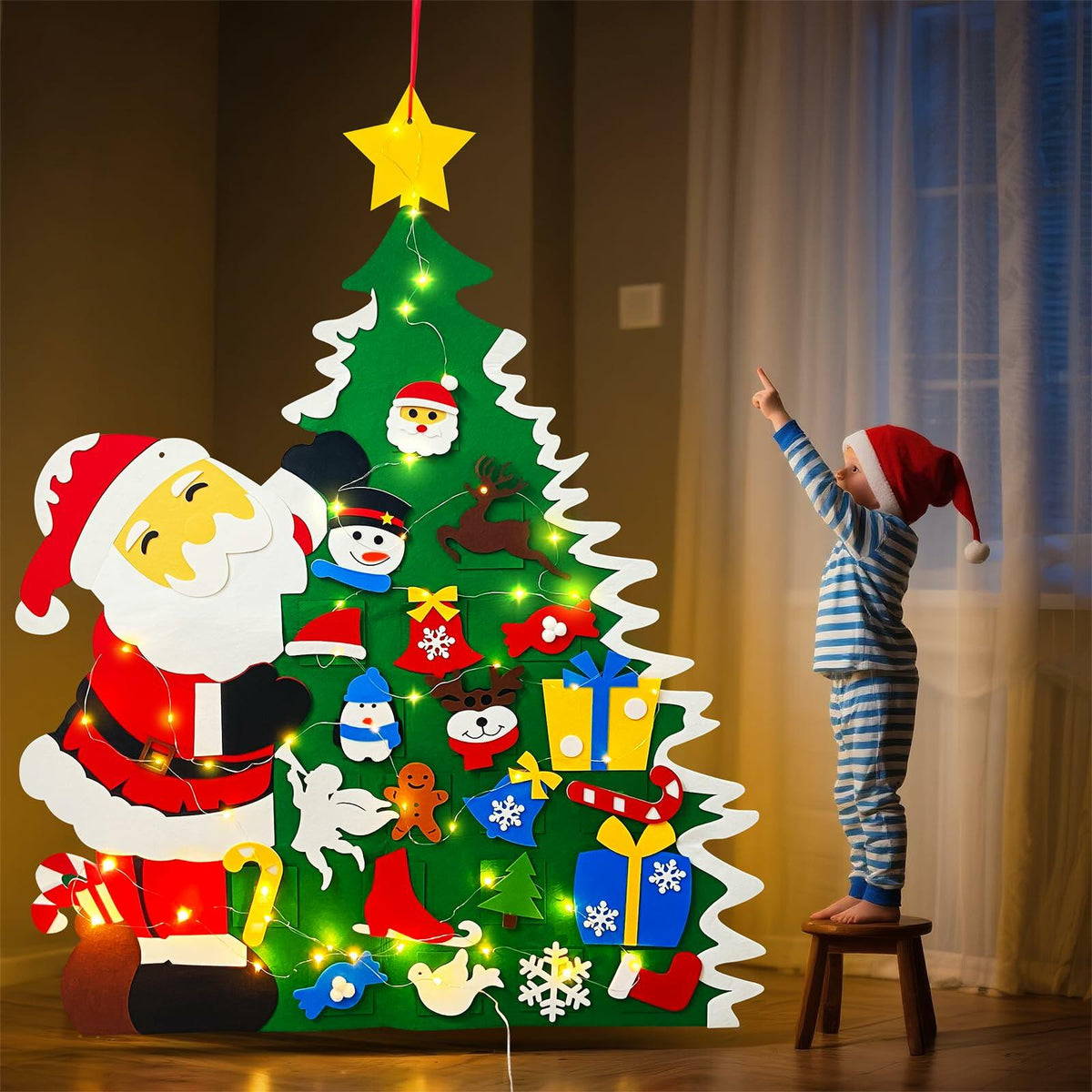 Set de árbol de Navidad de fieltro para manualidades JUN-ELECTRON, 3.2 pies, verde, con adornos y luces