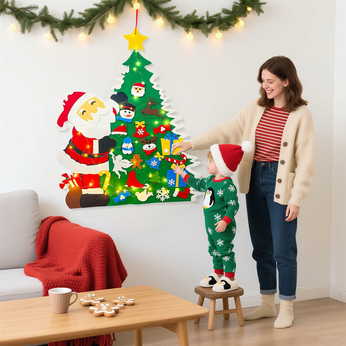 Set de árbol de Navidad de fieltro para manualidades JUN-ELECTRON, 3.2 pies, verde, con adornos y luces