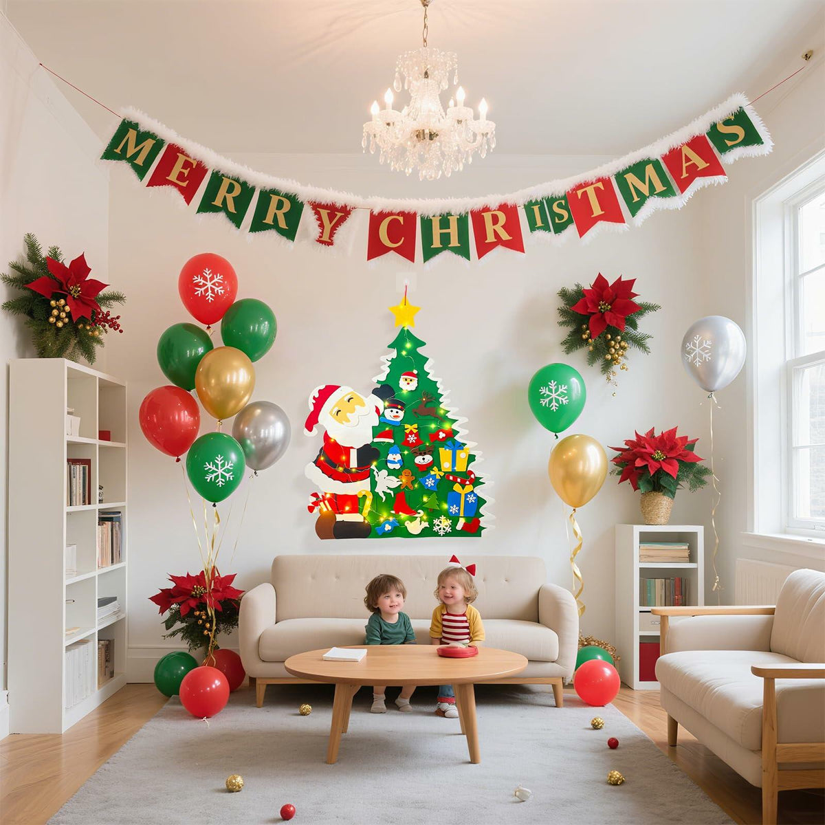Set de árbol de Navidad de fieltro para manualidades JUN-ELECTRON, 3.2 pies, verde, con adornos y luces