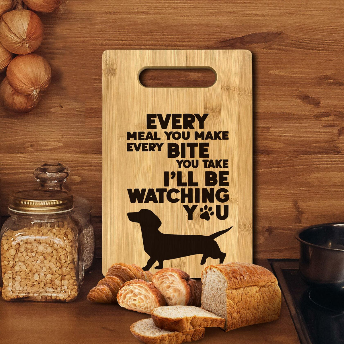 FONDCANYON Tabla de cortar de madera de bambú con diseño de perro salchicha, decoración de cocina, marrón