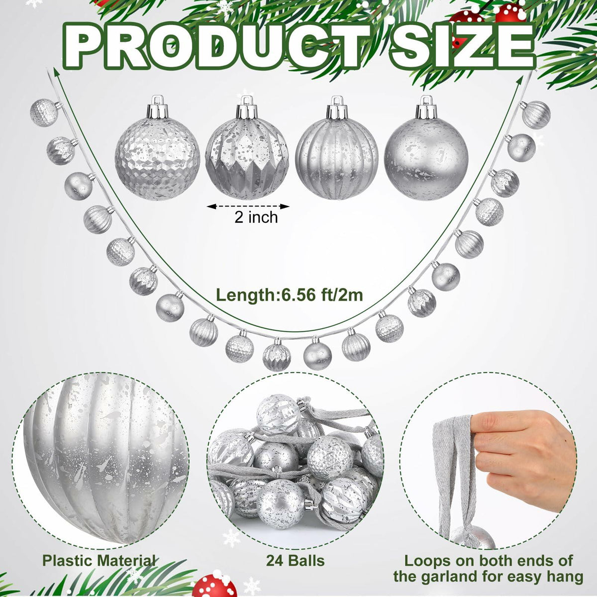 Guirnalda Motionchic de 6.5 pies con 24 esferas plateadas de 2 pulgadas, inastillables