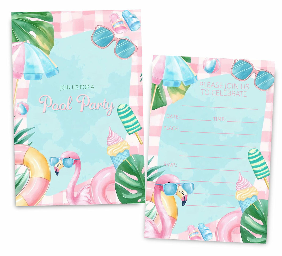 Invitaciones de cumpleaños para fiesta en la piscina para niñas VAVINCI, 30 juegos con sobres
