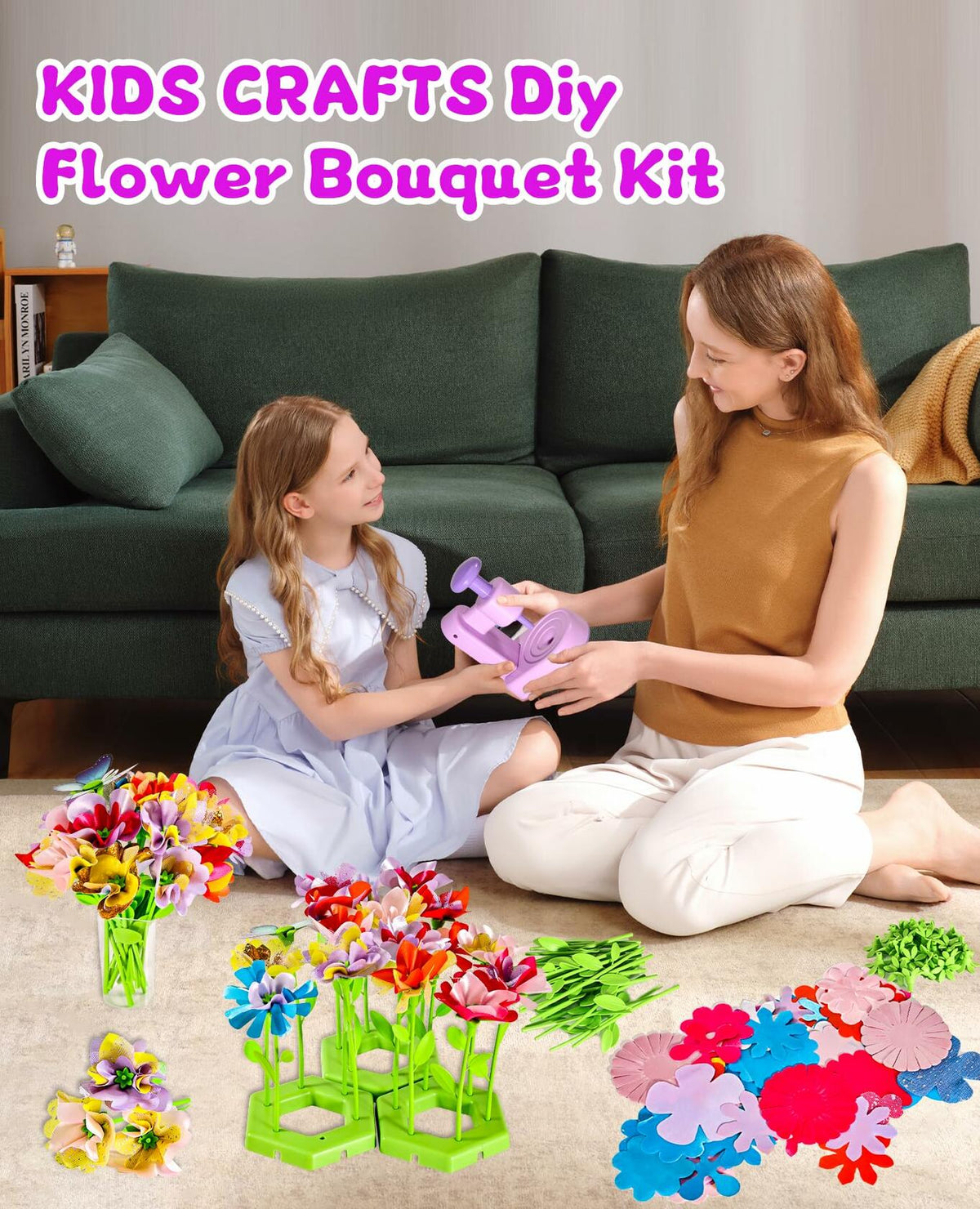 Kit de manualidades de ramos de flores de tela Maylatte para niñas de 4 a 8 años con caja