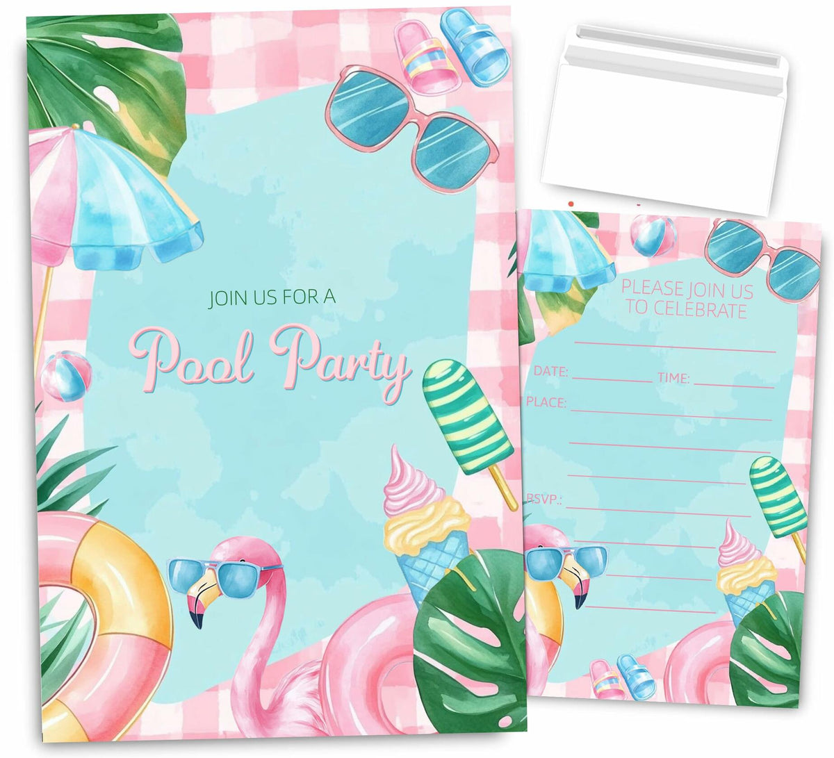 Invitaciones de cumpleaños para fiesta en la piscina para niñas VAVINCI, 30 juegos con sobres