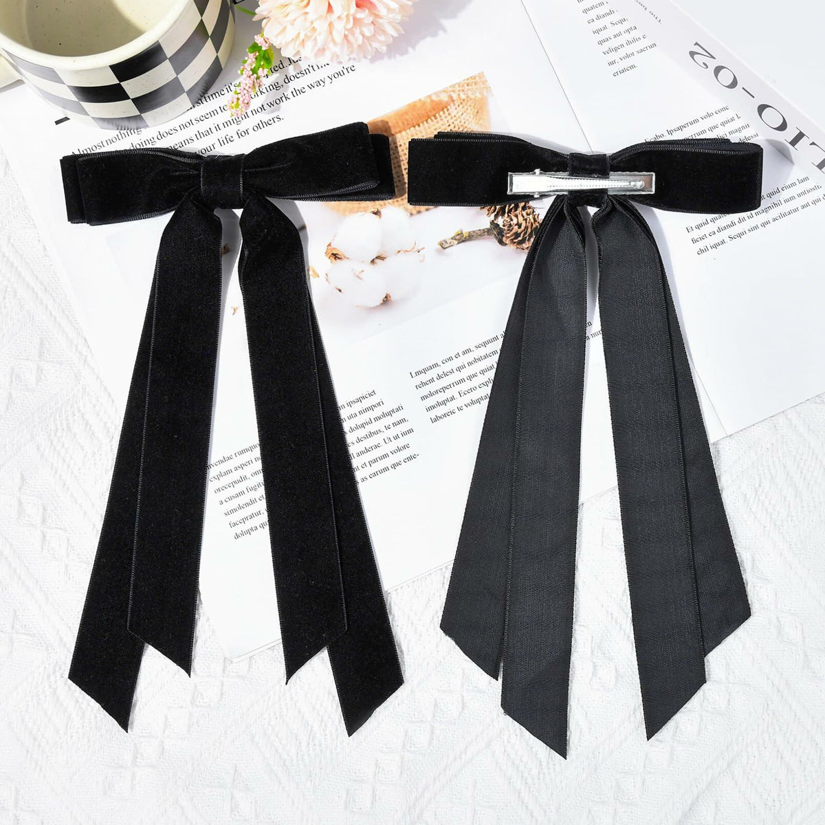 Aileam 2 piezas de lazos de terciopelo negro para el cabello, pinzas con cinta y soporte de metal para cola de caballo