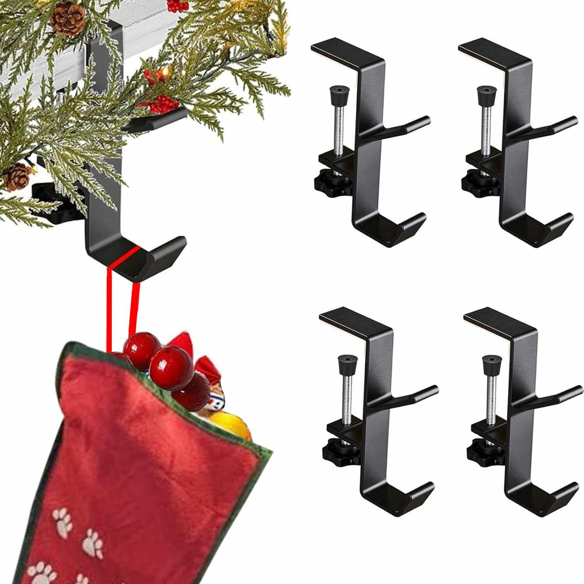 XTSJGZ Paquete de 4 ganchos ajustables para calcetines navideños y guirnaldas, color negro
