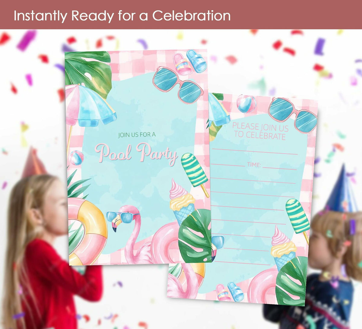 Invitaciones de cumpleaños para fiesta en la piscina para niñas VAVINCI, 30 juegos con sobres
