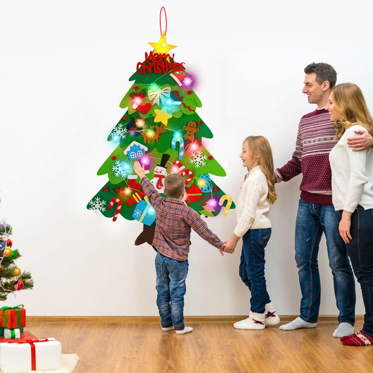 Árbol de Navidad de fieltro EMPOF de 3.3 pies, set de manualidades con luces y 32 adornos coloridos