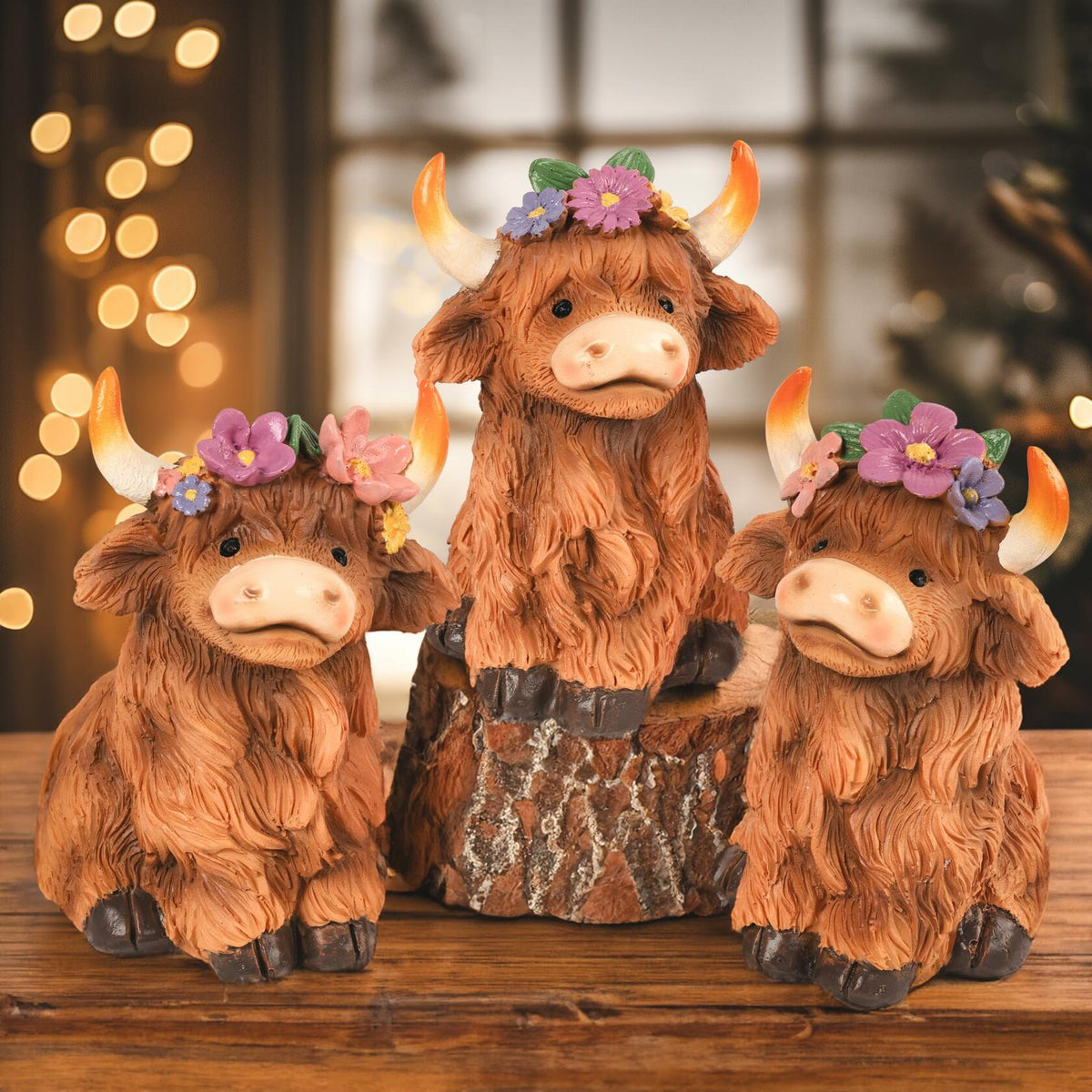 Set de 3 figuras de vaca de las tierras altas NEROSUN, decoración escocesa de resina marrón