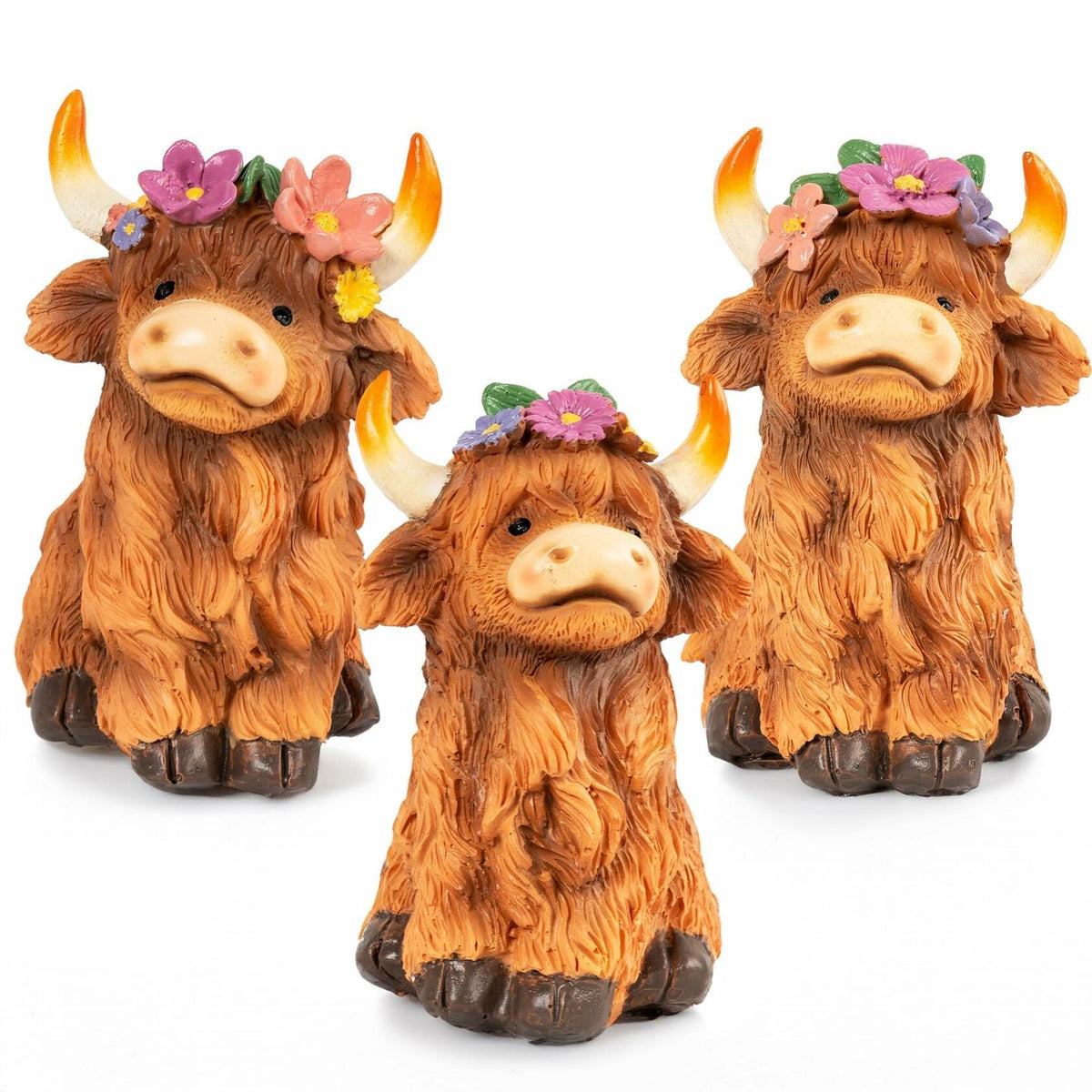 Set de 3 figuras de vaca de las tierras altas NEROSUN, decoración escocesa de resina marrón