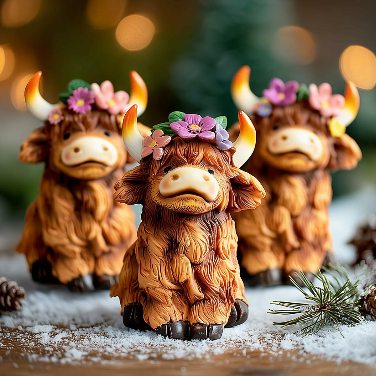 Set de 3 figuras de vaca de las tierras altas NEROSUN, decoración escocesa de resina marrón