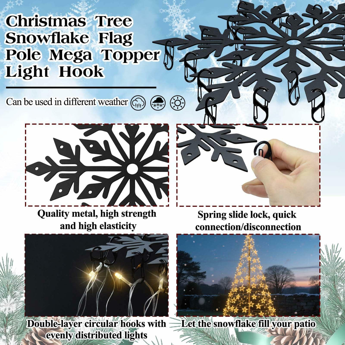 Ganchos metálicos en forma de copo de nieve para iluminación de árbol de Navidad Voccos, 24 ganchos