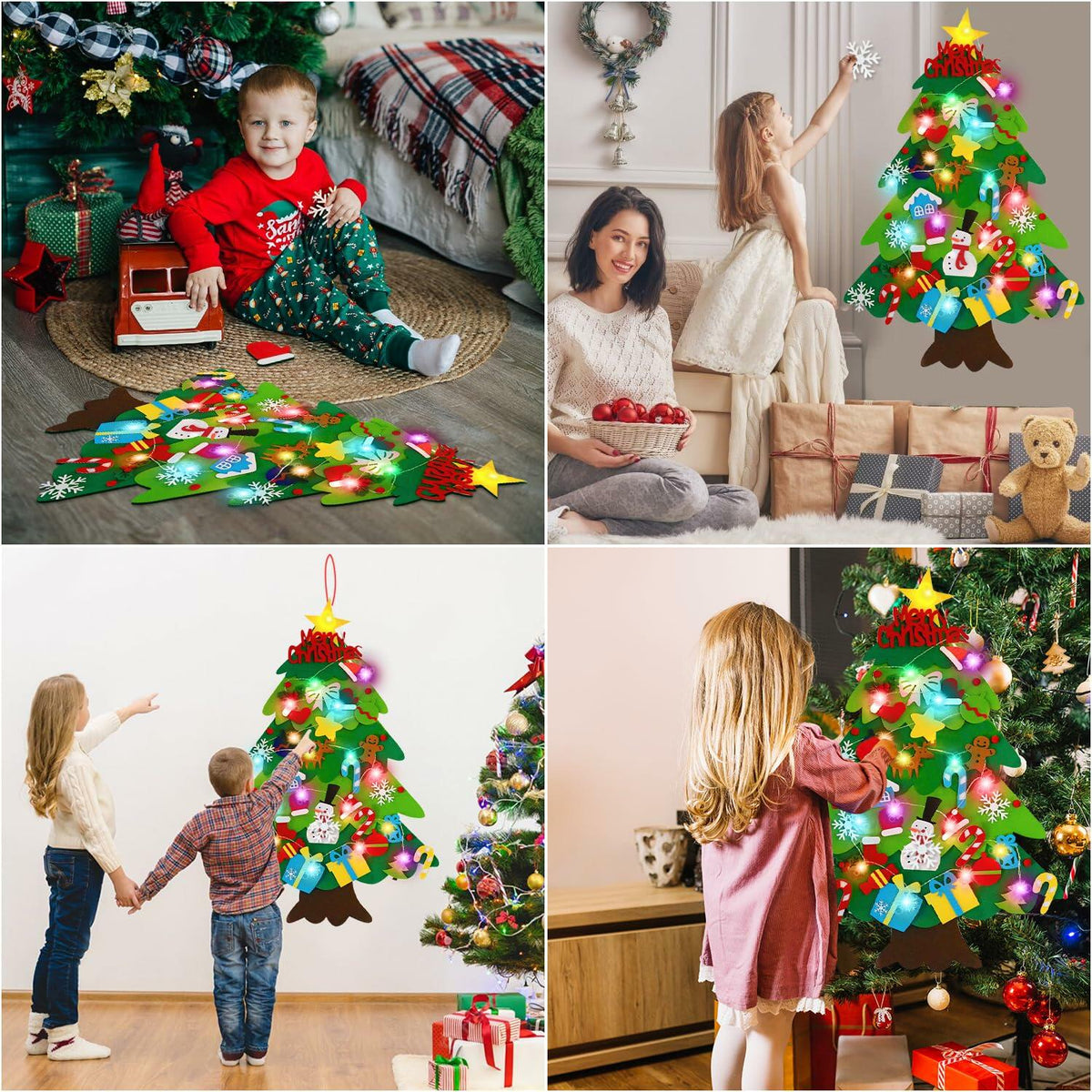 Árbol de Navidad de fieltro EMPOF de 3.3 pies, set de manualidades con luces y 32 adornos coloridos