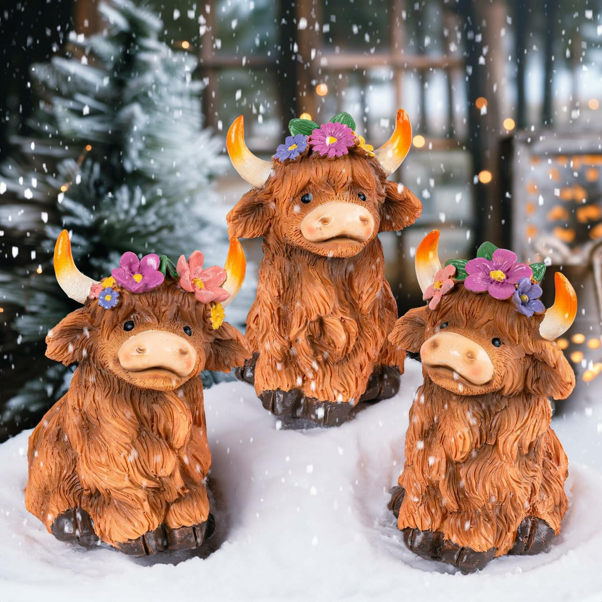 Set de 3 figuras de vaca de las tierras altas NEROSUN, decoración escocesa de resina marrón