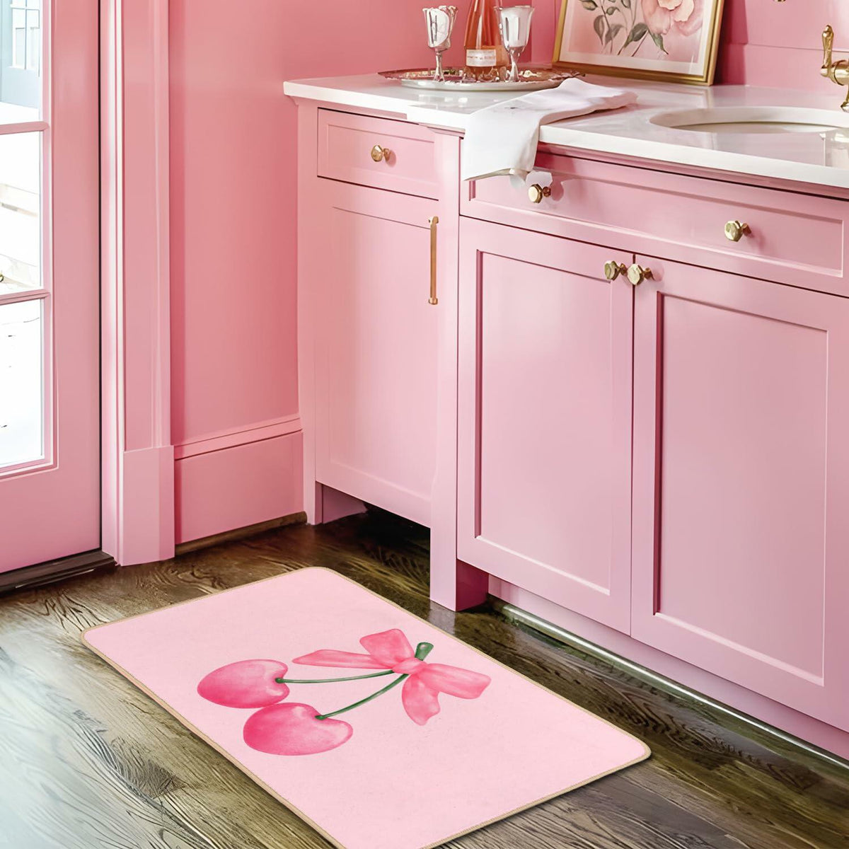 Felpudo de bienvenida rosa ETYZE para puerta principal interior con lazo de cereza, 30x16 pulgadas, poliéster