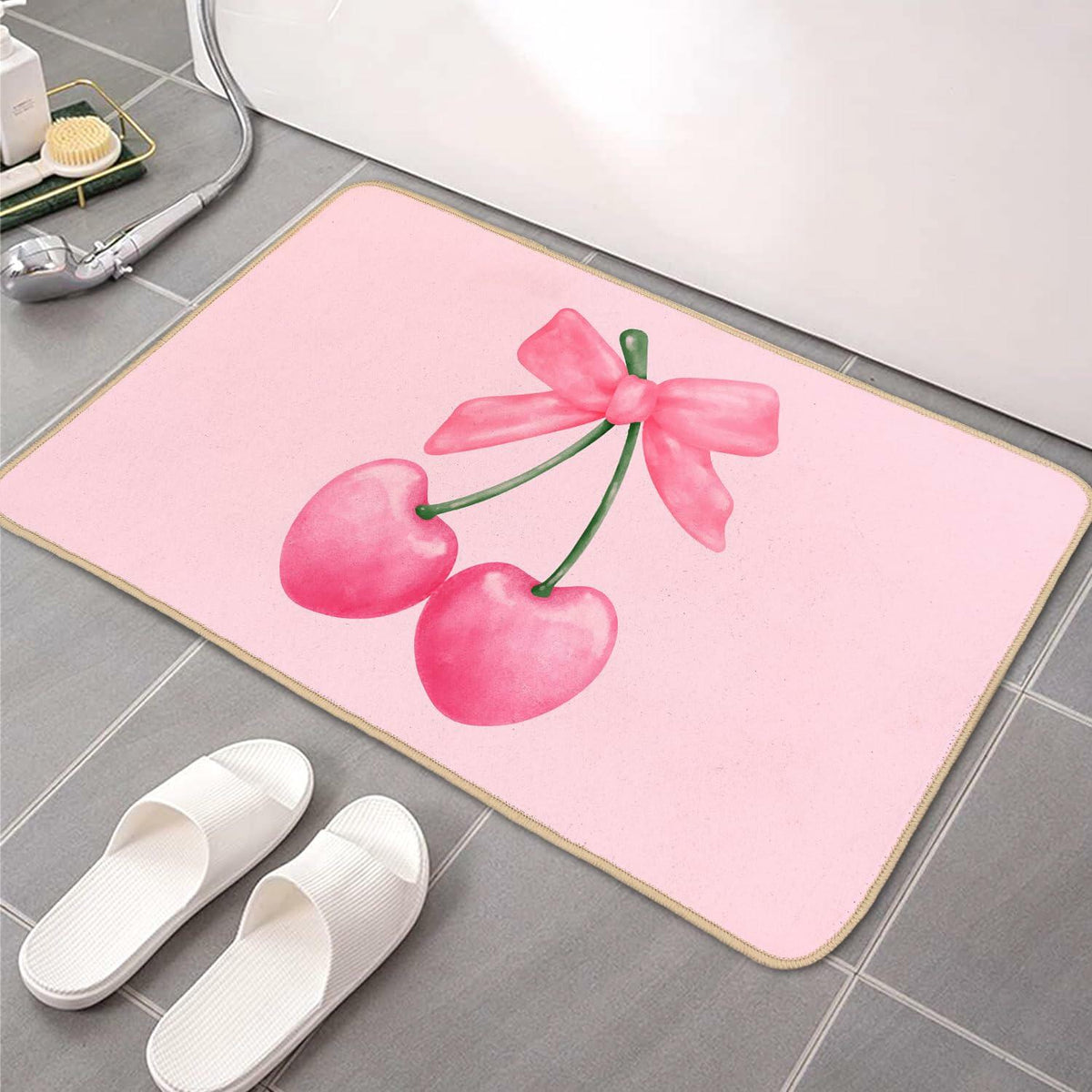 Felpudo de bienvenida rosa ETYZE para puerta principal interior con lazo de cereza, 30x16 pulgadas, poliéster