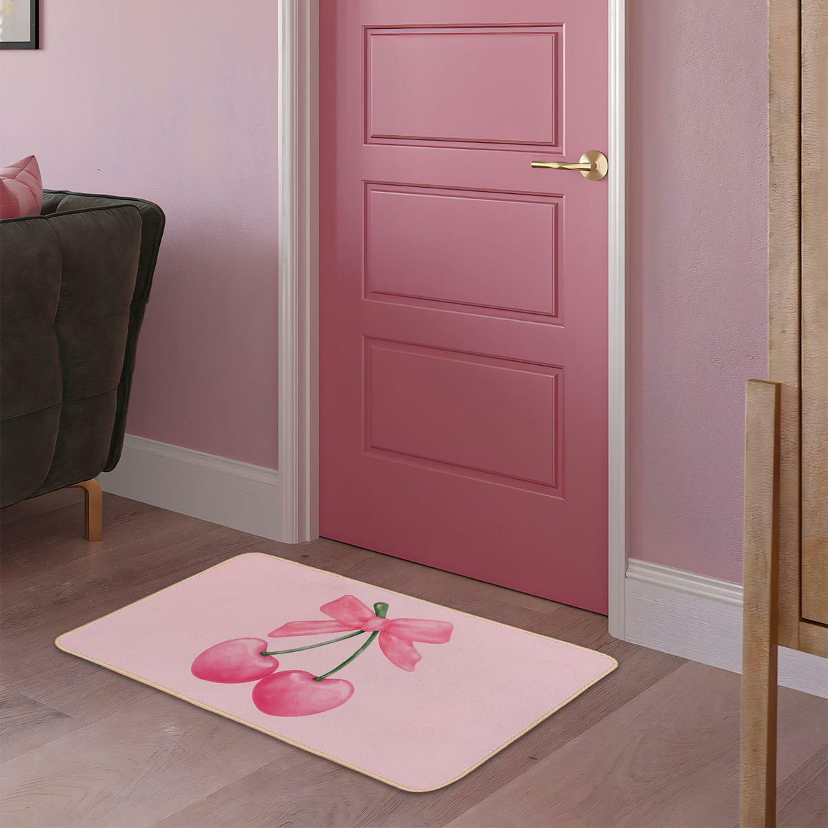 Felpudo de bienvenida rosa ETYZE para puerta principal interior con lazo de cereza, 30x16 pulgadas, poliéster