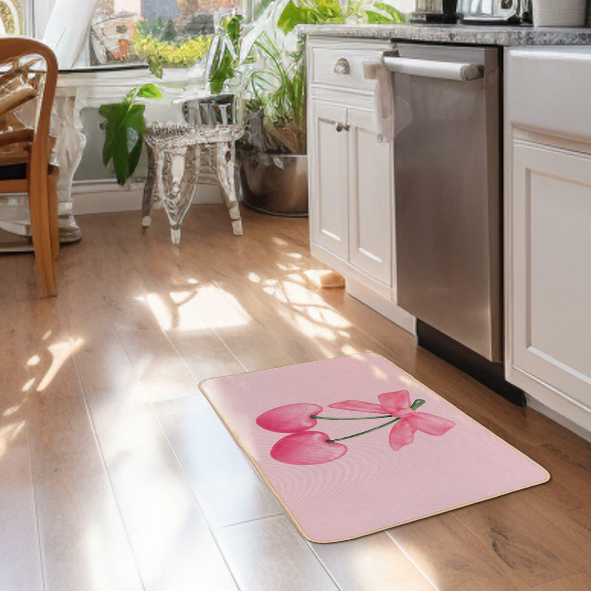 Felpudo de bienvenida rosa ETYZE para puerta principal interior con lazo de cereza, 30x16 pulgadas, poliéster