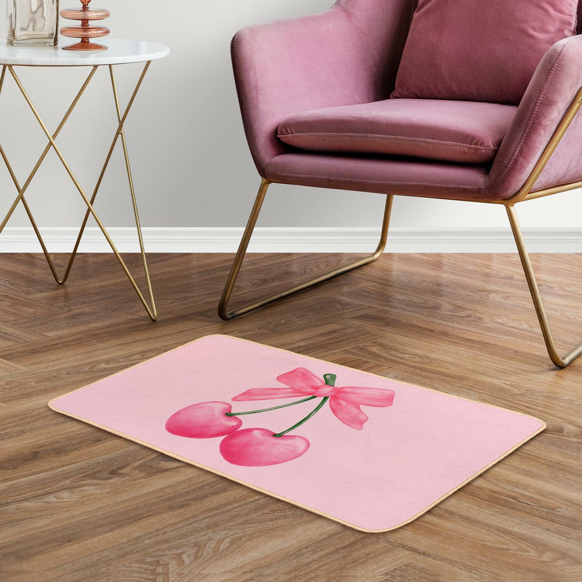 Felpudo de bienvenida rosa ETYZE para puerta principal interior con lazo de cereza, 30x16 pulgadas, poliéster