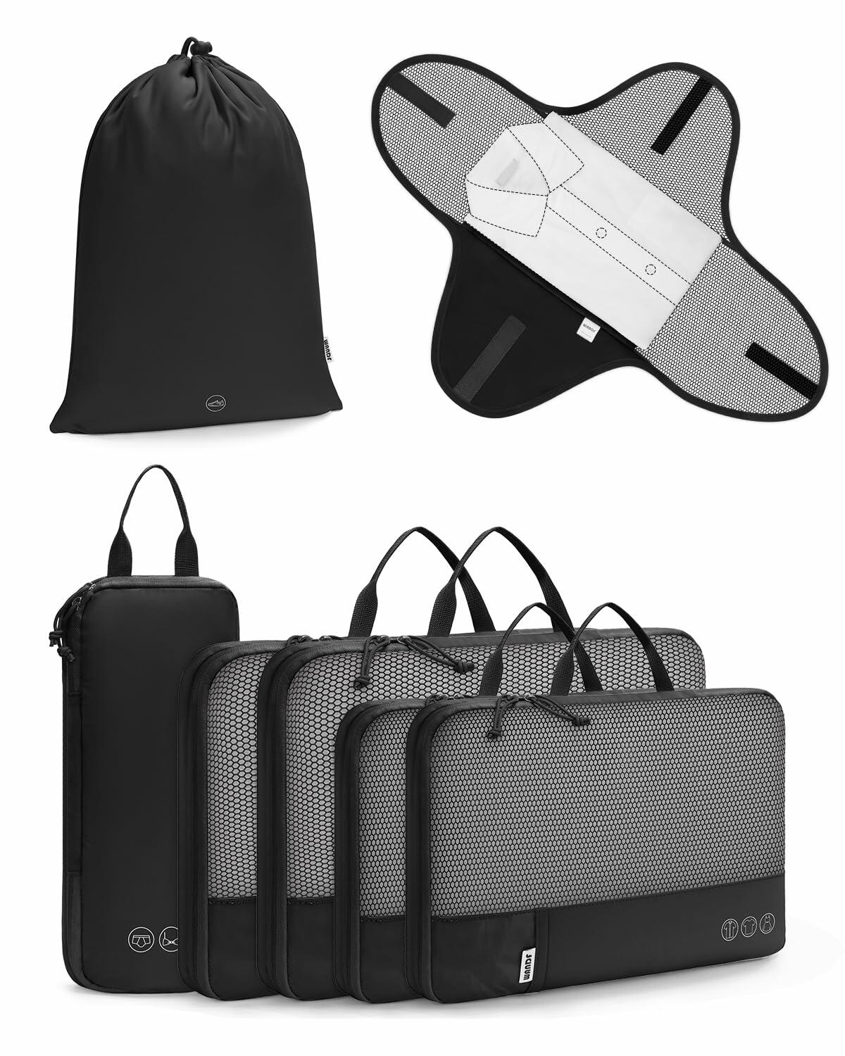 WANDF Juego de 7 organizadores de equipaje con cubos de compresión para viaje, color caqui, tamaño grande