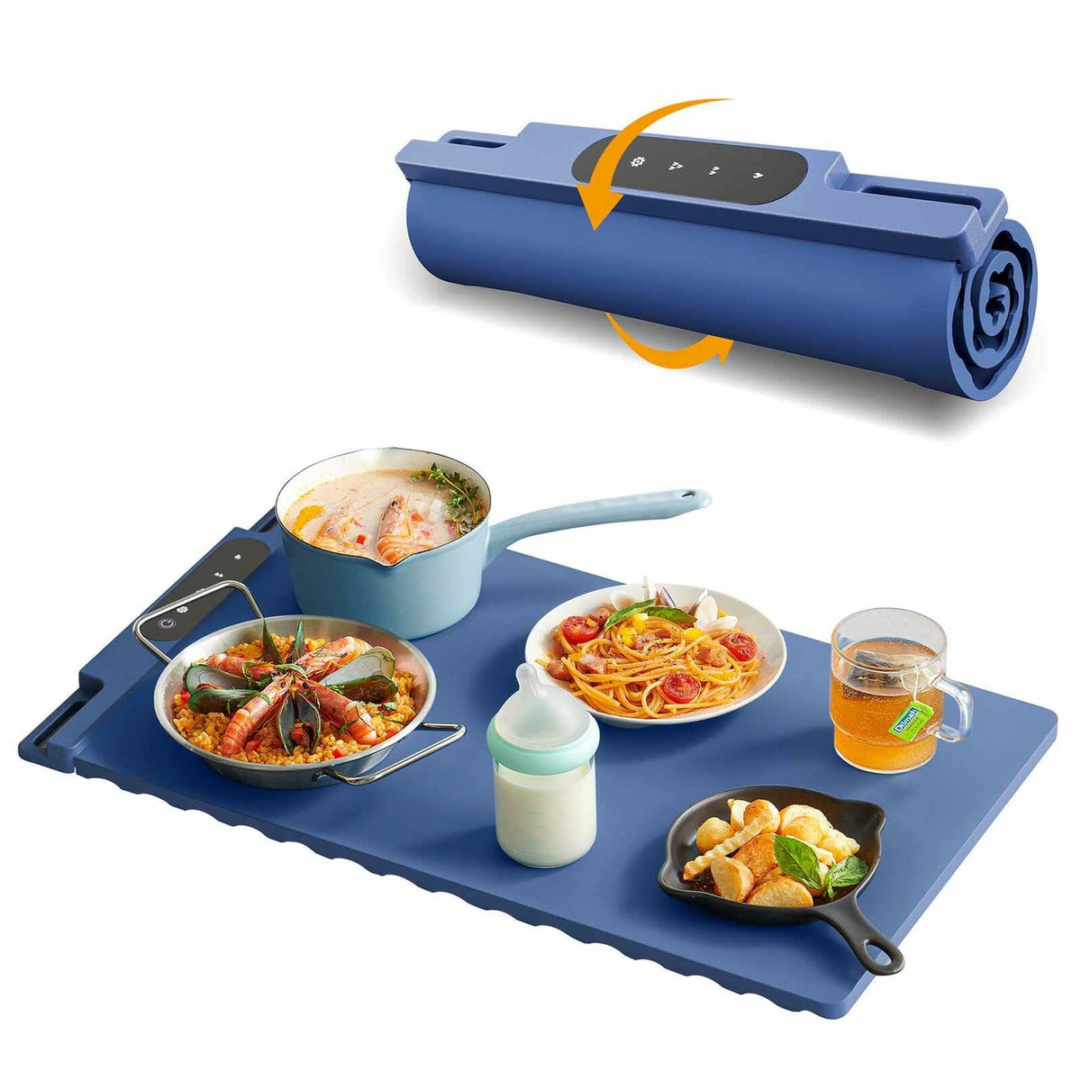 Tapete eléctrico de silicona para calentar alimentos, 26x15 pulgadas, azul, modos ajustables