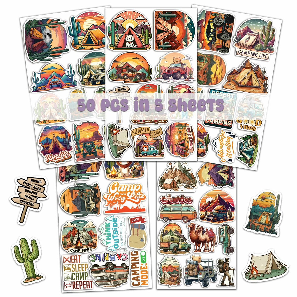 BIGZORO Paquete de 50 pegatinas de vinilo impermeables para acampar en el desierto con camellos y cactus