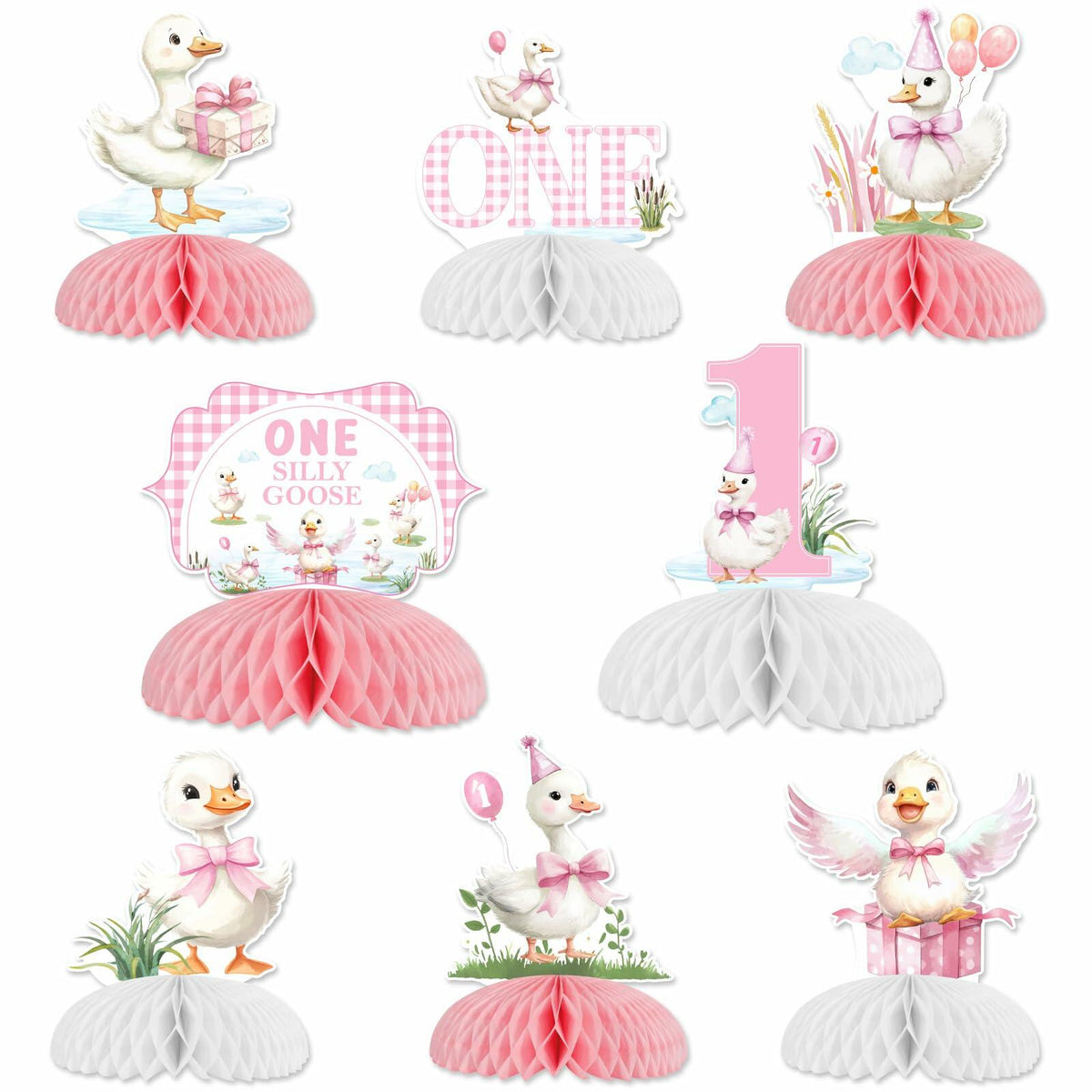Decoraciones de cumpleaños de ganso Jollyboom, 8 piezas, decoración de mesa para primer cumpleaños rosa
