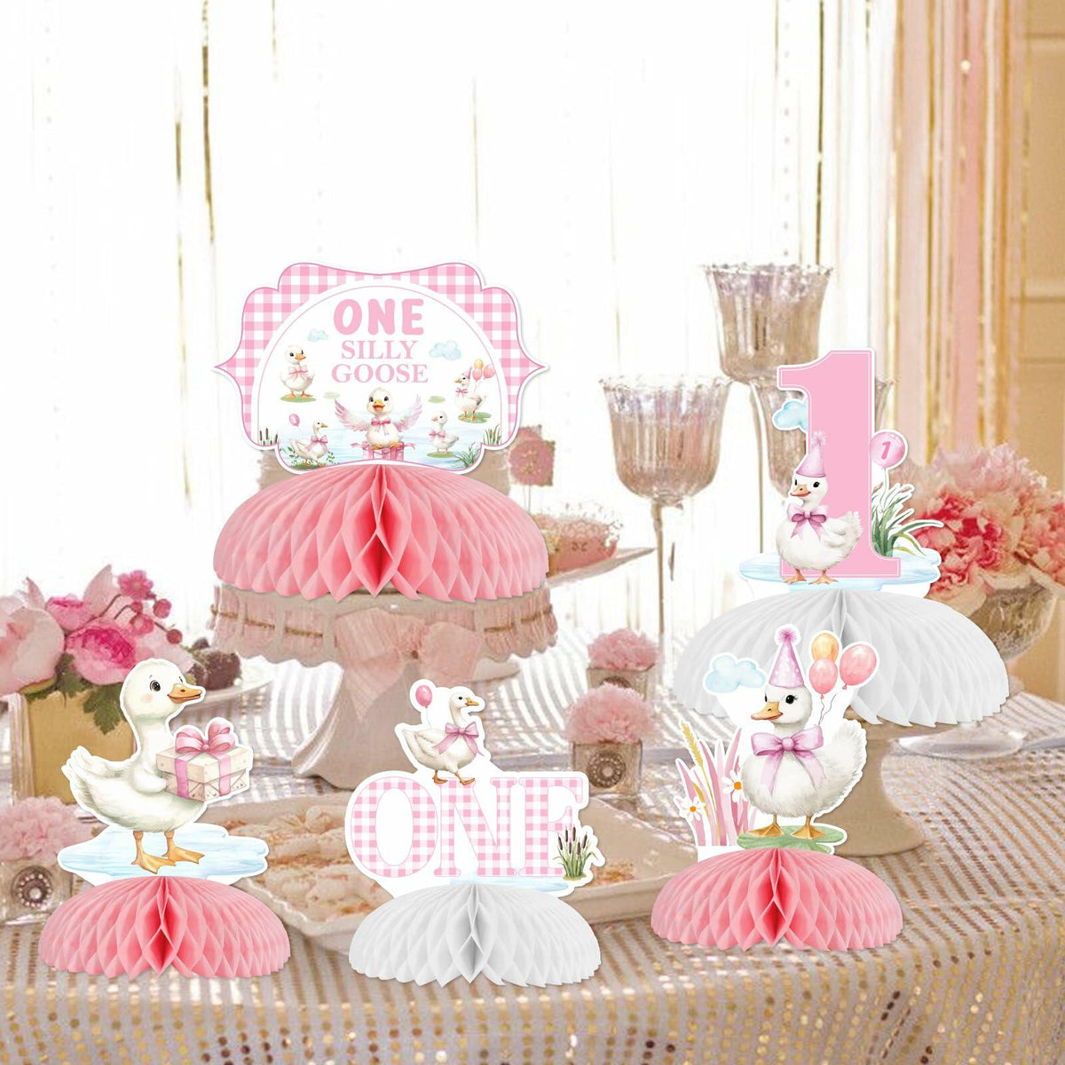 Decoraciones de cumpleaños de ganso Jollyboom, 8 piezas, decoración de mesa para primer cumpleaños rosa