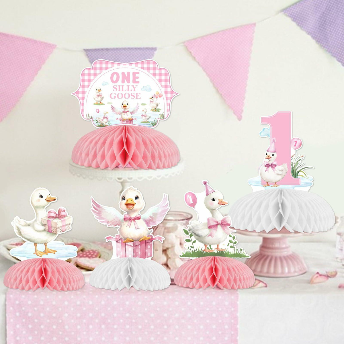 Decoraciones de cumpleaños de ganso Jollyboom, 8 piezas, decoración de mesa para primer cumpleaños rosa