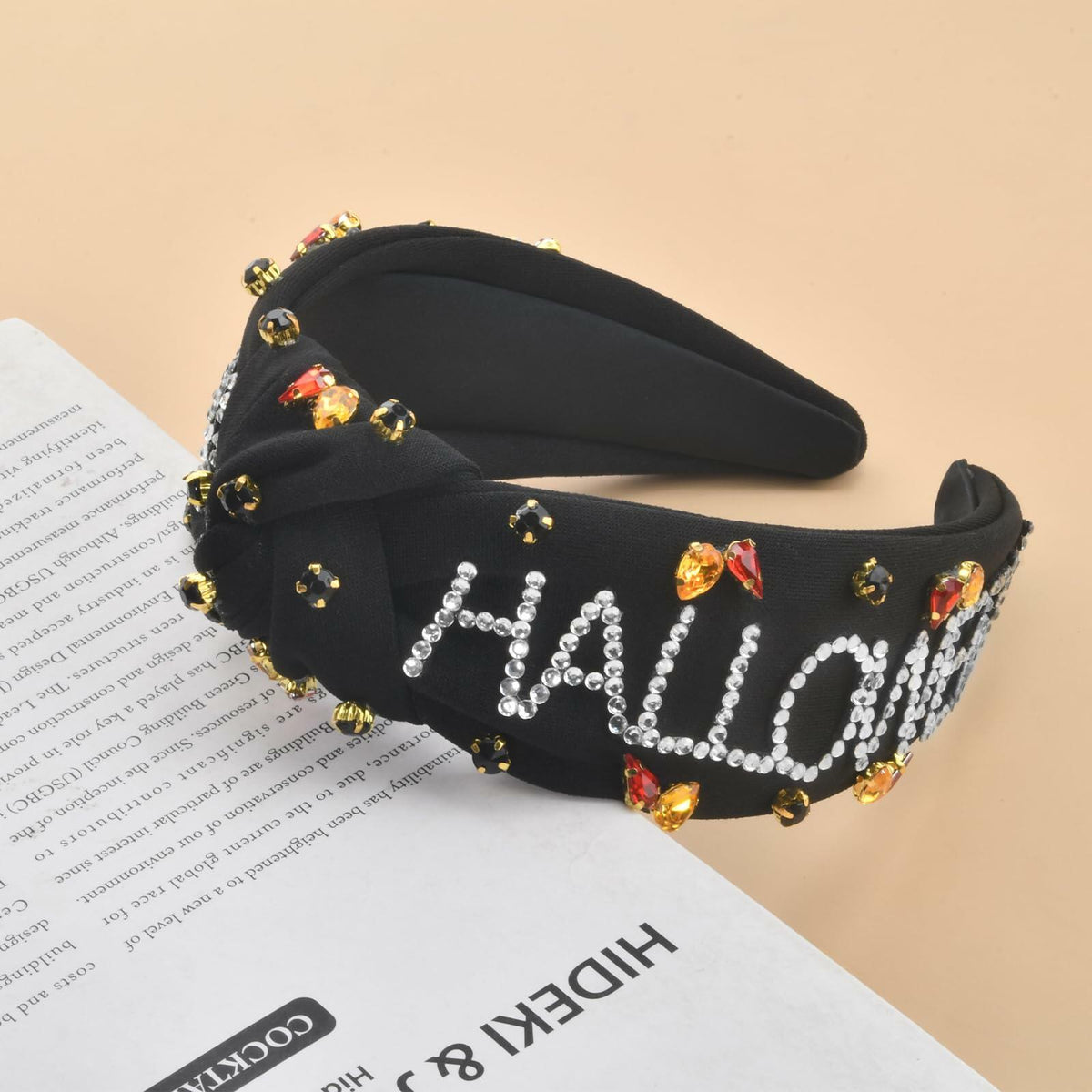 Diadema de calabaza con diamantes de imitación ABONDEVER, cuadros negros y naranjas