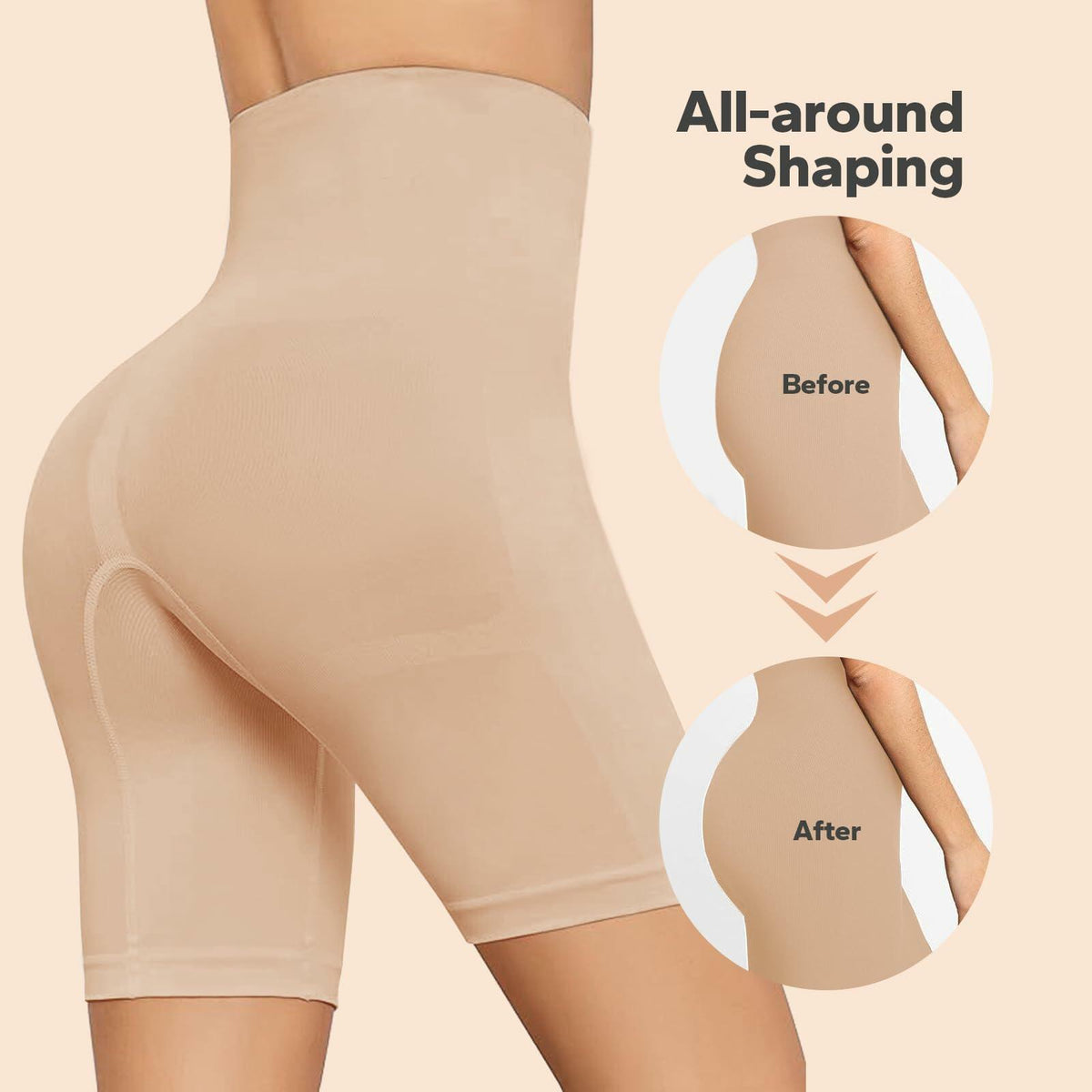 Pantalones cortos moldeadores de cintura alta ShaperSwan, control de abdomen y realce de glúteos, color nude, talla M/L