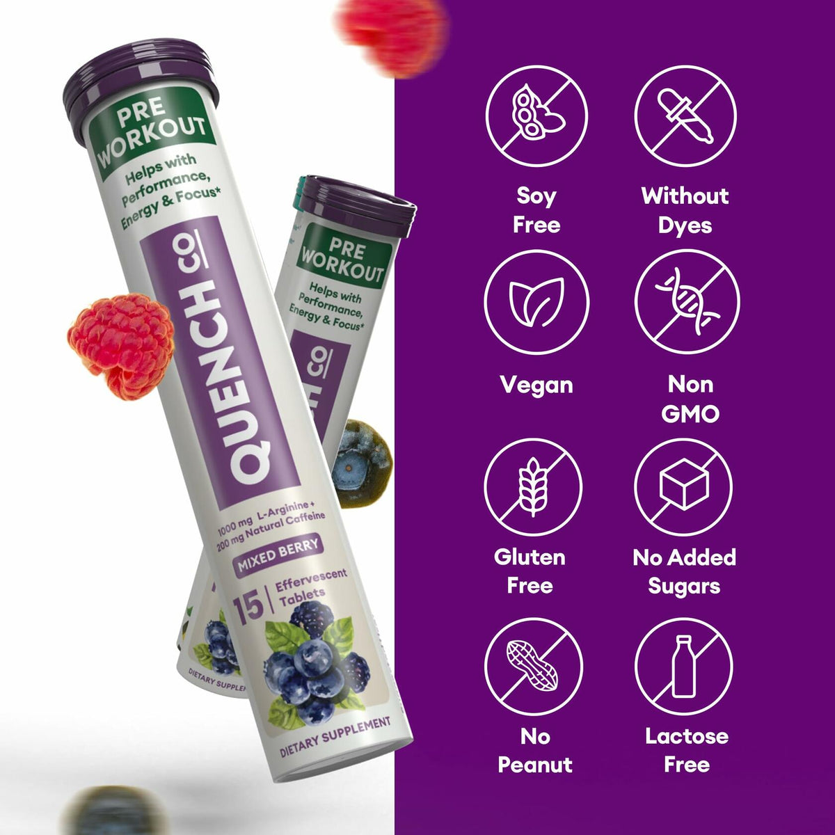 Tabletas de preentrenamiento Quench Energía Enfoque Hidratación Vegano 30 unidades EXP 04/2026