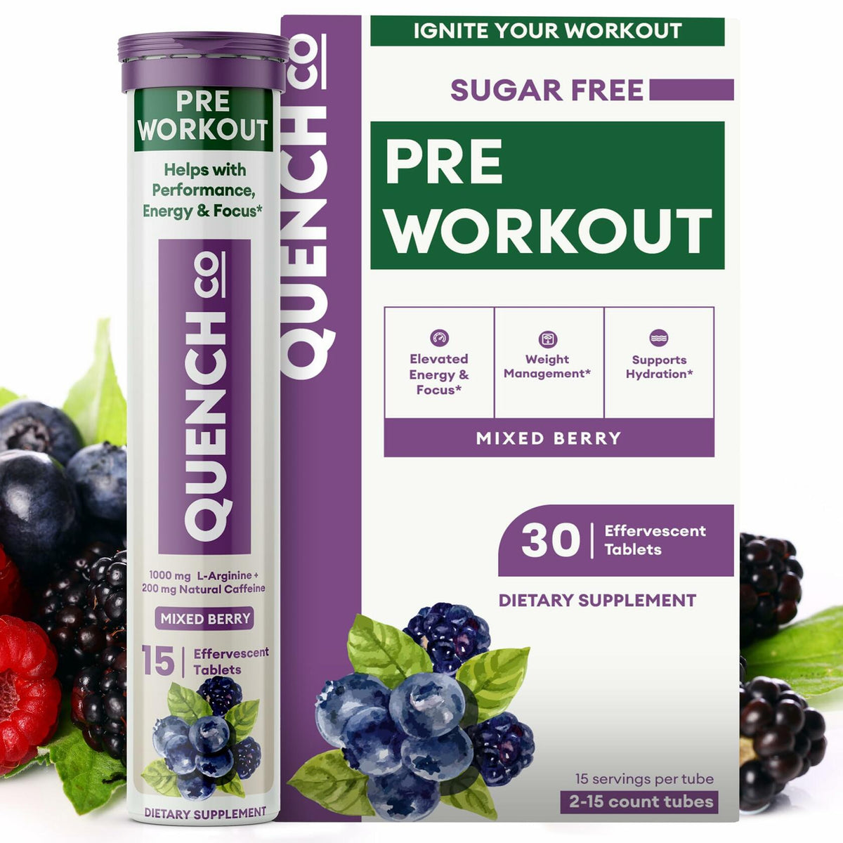 Tabletas de preentrenamiento Quench Energía Enfoque Hidratación Vegano 30 unidades EXP 04/2026