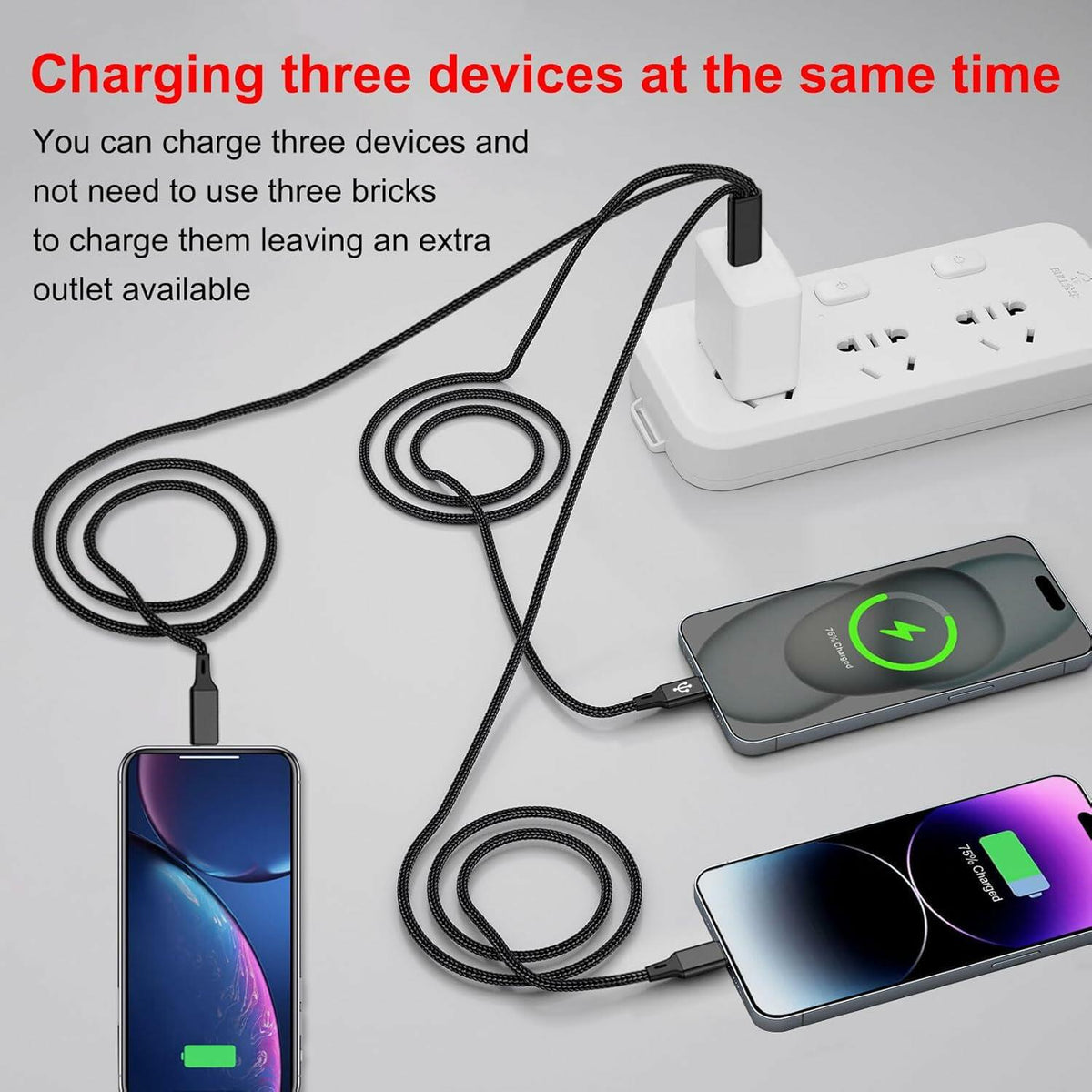 Cable de carga 3 en 1 USB-C Wosixima de 1.2 metros, negro, para iPhone 16/15 Pro Max y Samsung