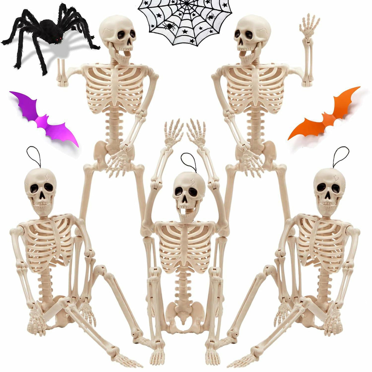 GONOSEED 5 piezas esqueletos de Halloween articulados de 16 pulgadas, decoración colgante de plástico