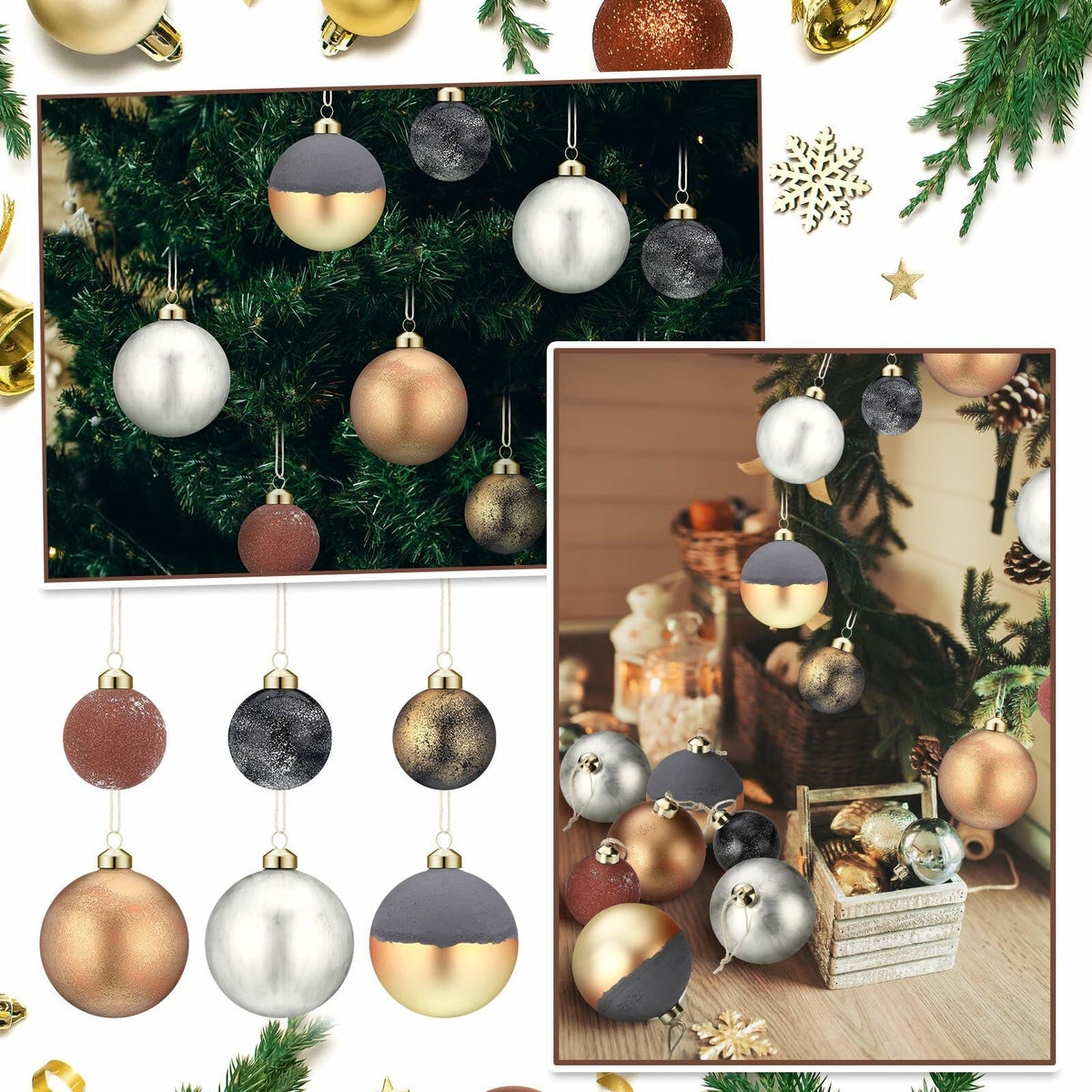 Adornos navideños de vidrio mate Relaxgiant, 12 piezas, color marrón neutro y gris, 4 pulgadas (10 cm) y 2.36 pulgadas (6 cm)