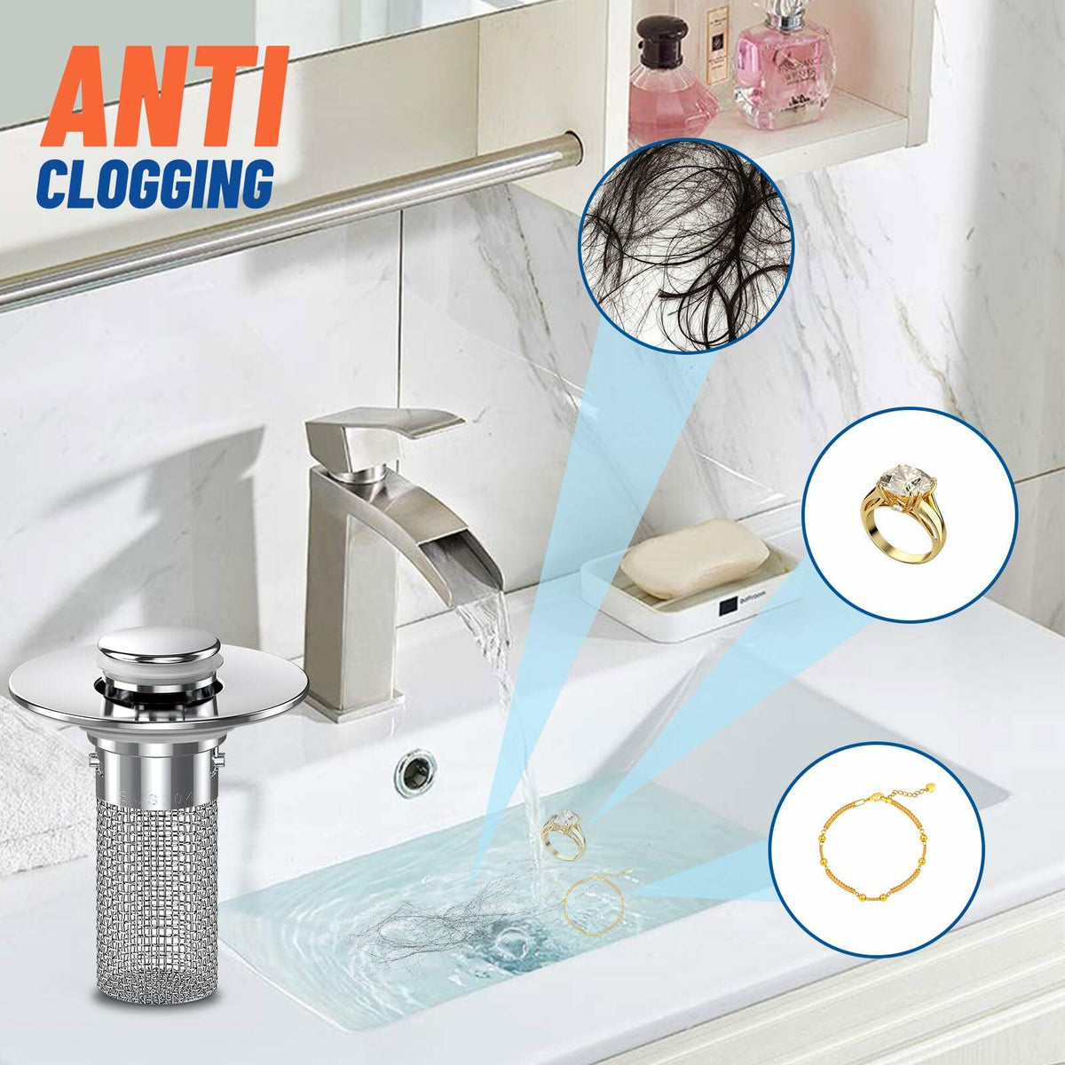 Colador de desagüe para lavabo de baño Vakabiu, atrapapelos de acero inoxidable, 2 piezas