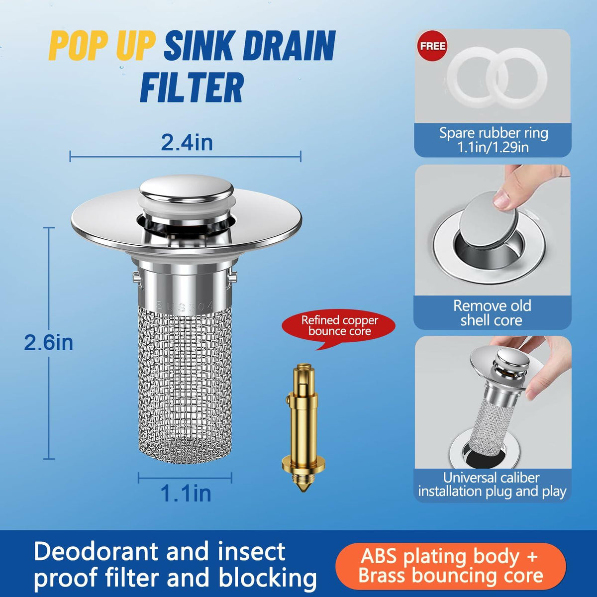 Colador de desagüe para lavabo de baño Vakabiu, atrapapelos de acero inoxidable, 2 piezas