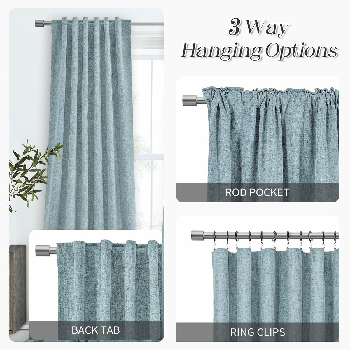Cortinas de lino opacas PANGSINNE de 63 pulgadas, 2 paneles, azul polvoriento, 52x63 pulgadas