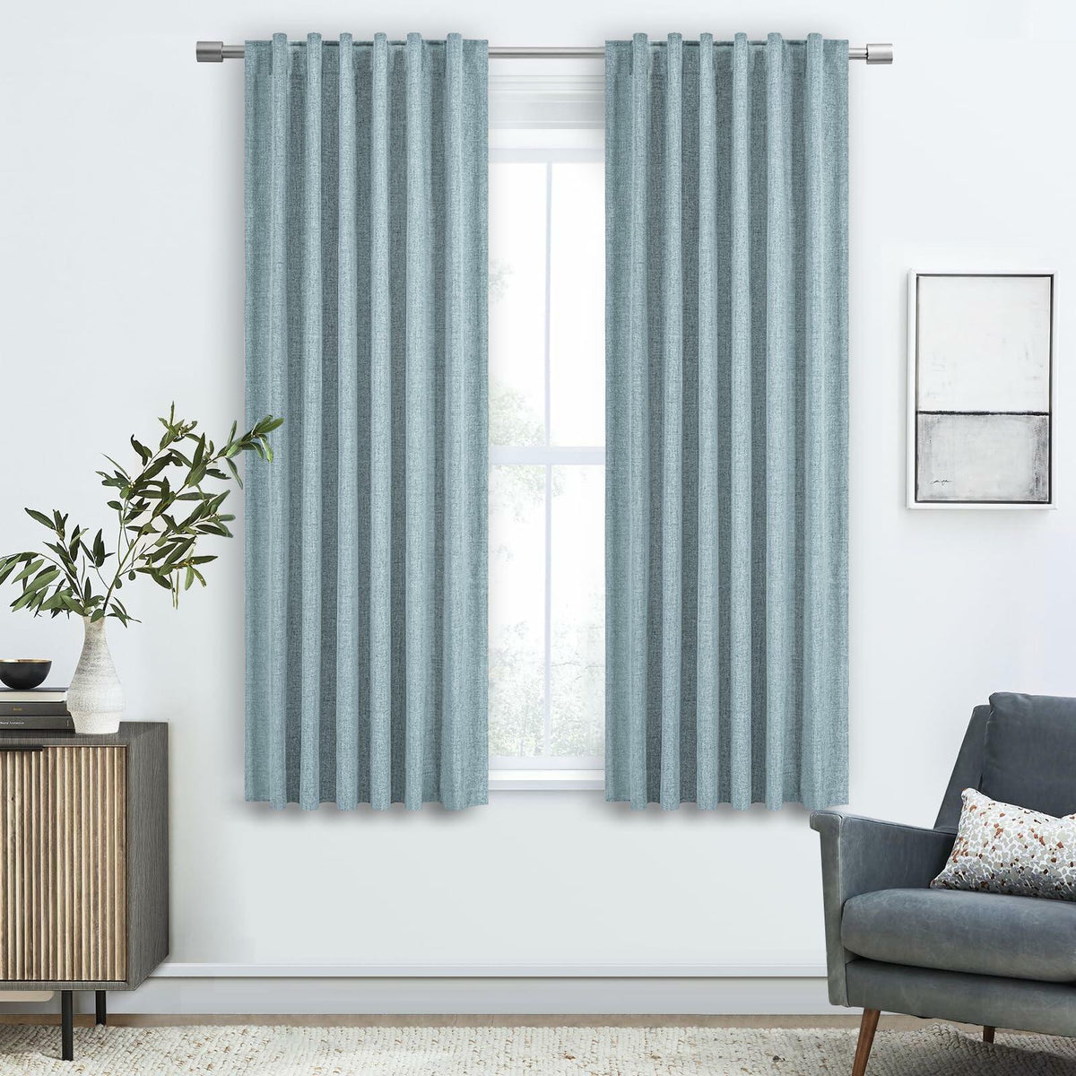 Cortinas de lino opacas PANGSINNE de 63 pulgadas, 2 paneles, azul polvoriento, 52x63 pulgadas