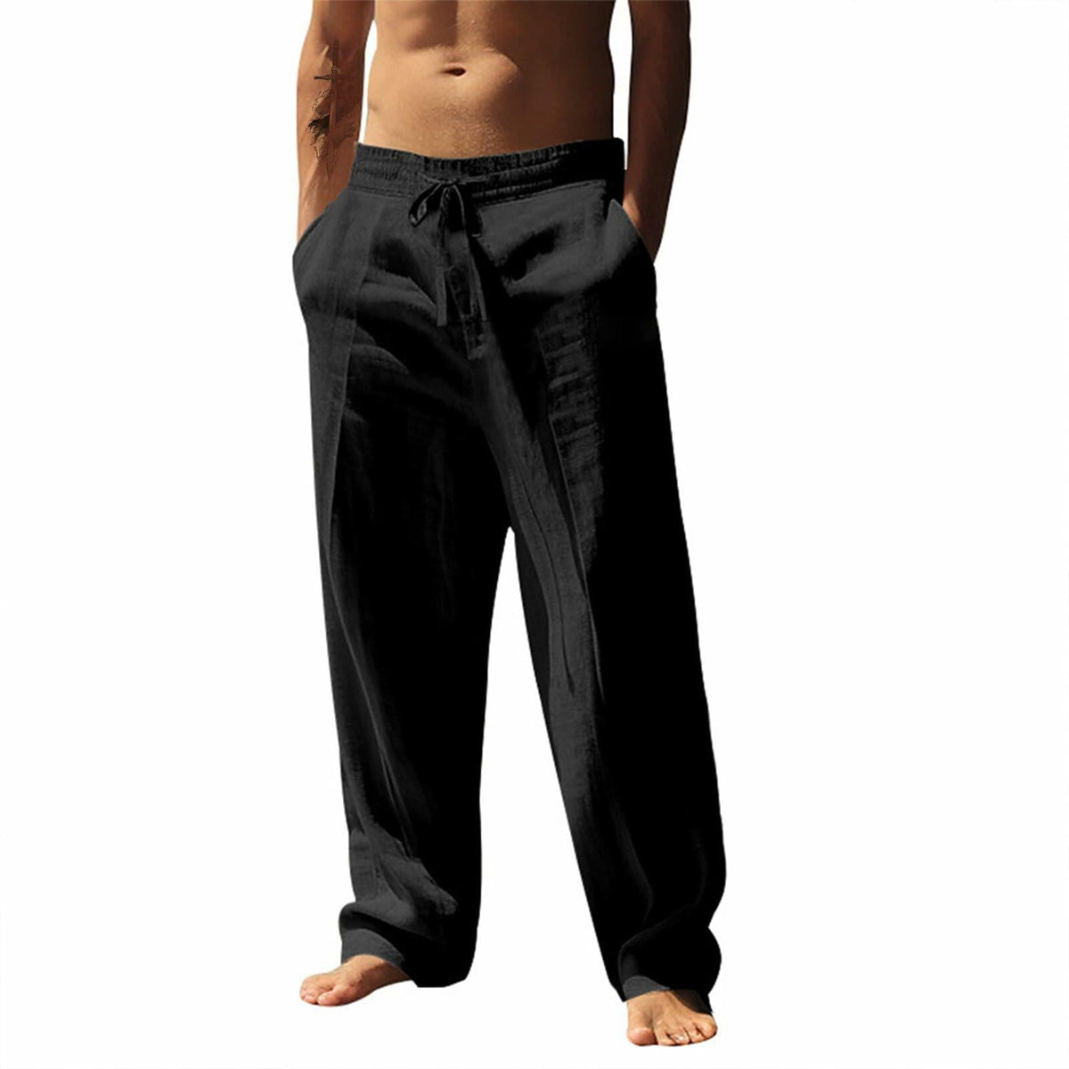 Pantalones de chándal casuales de lino para hombre domirica con cintura de cordón, color negro, talla M
