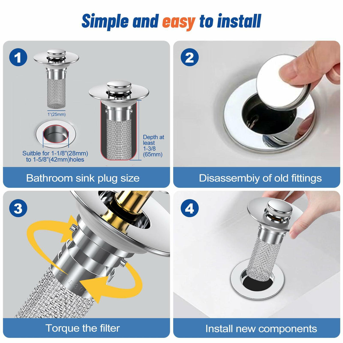 Colador de desagüe para lavabo de baño Vakabiu, atrapapelos de acero inoxidable, 2 piezas